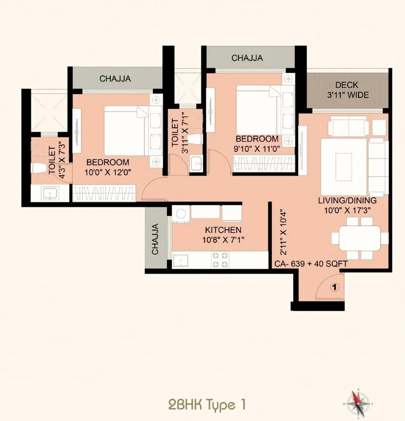 Siya Vishwaraja 2 BHK Type 1 floor plan, 639 sq ft