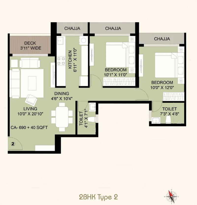 Siya Vishwaraja 2 BHK Type 2 floor plan, 690 sq ft