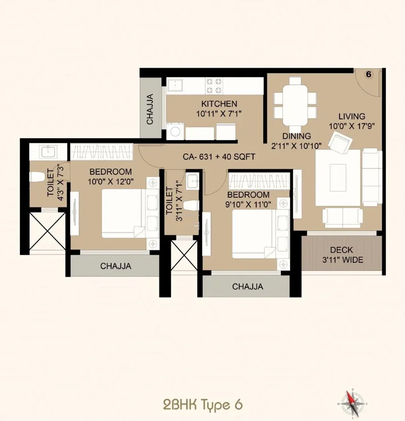 Siya Vishwaraja 2 BHK Type 6 floor plan, 631 sq ft